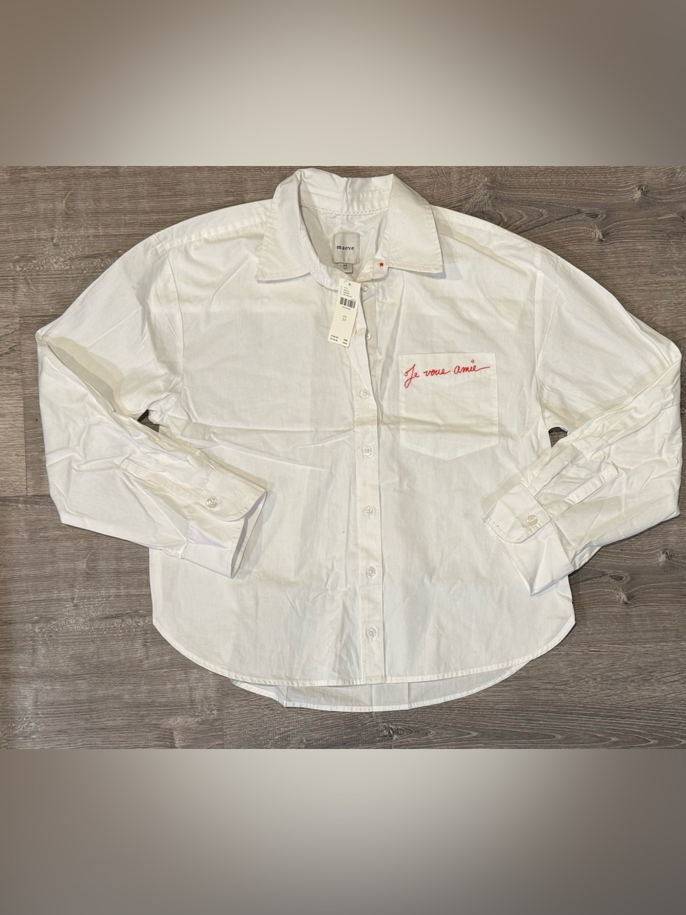 Maeve White Button-Up Shirt with Red Script Pocket